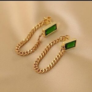 Long Chain Inlaid Square Shape Synthetic Gems Gold Plated Drop Earrings